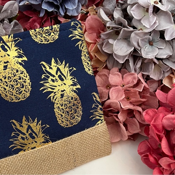 Navy Blue & Metallic Gold Pineapple Makeup Cosmetic Wristlet Clutch Bag - Picture 5 of 11